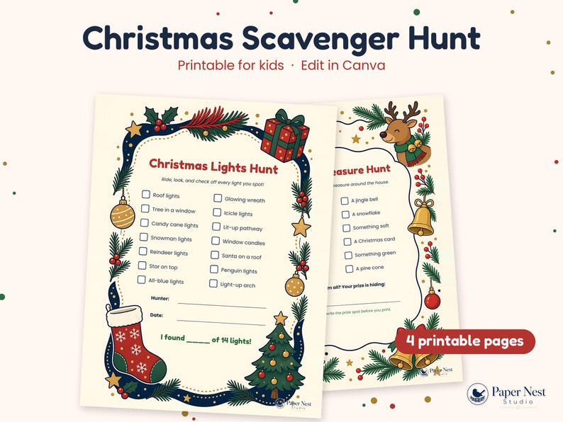 May include: Two printable Christmas scavenger hunt sheets with cream backgrounds, dark blue borders, and festive illustrations including a stocking, Christmas tree, gift, and reindeer. The text reads Christmas Scavenger Hunt.