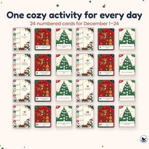 Op de afbeelding: Een set van 24 genummerde kaarten met de titel One cozy activity for every day, voorzien van feestelijke illustraties van rendieren, kerstbomen en sneeuwpoppen. Elke kaart bevat een specifieke vakantieactiviteit voor december.