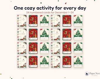 Adventkalender activiteitenkaarten voor kinderen | 24 printbare kerstcountdown activiteiten | Ideeën voor de adventstijd met het gezin | Bewerkbaar Canva