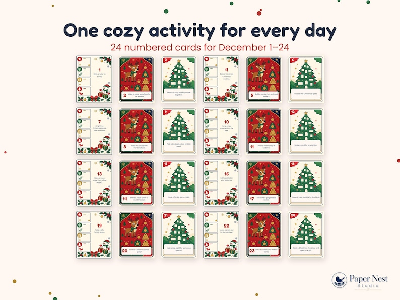 Op de afbeelding: Een set van 24 genummerde kaarten met de titel One cozy activity for every day, voorzien van feestelijke illustraties van rendieren, kerstbomen en sneeuwpoppen. Elke kaart bevat een specifieke vakantieactiviteit voor december.