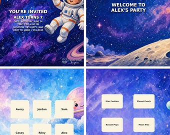 May include: A four-part digital invitation set featuring space-themed graphics with a cartoon astronaut, a rocket, and a starry nebula background. Text includes: YOU'RE INVITED ALEX TURNS 7, WELCOME TO ALEX'S PARTY, and various food and name labels.