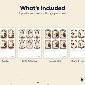 May include: Four printable sheets of gift tags featuring six tags per sheet. The designs include toy soldiers, ballerinas, mouse kings, and Clara with a nutcracker. Text includes 'What's Included', '4 printable sheets', '6 tags per sheet'.