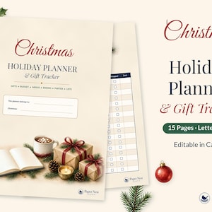 Könnte beinhalten: Ein Weihnachts-Urlaubsplaner und Geschenk-Tracker auf cremefarbenem Hintergrund. Das Cover zeigt ein offenes Buch, einen Becher Kakao, zwei verpackte Geschenke, Tannenzweige und eine Kerze. Text: "Christmas Holiday Planner & Gift Tracker".