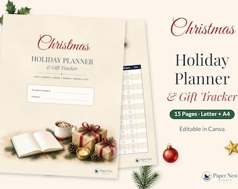 Printbare kerstplanner en cadeautracker | Vakantiebudget, kerstkaartenlijst, menu en koekjesruil | Bewerkbaar in Canva, Letter- en A4-formaat