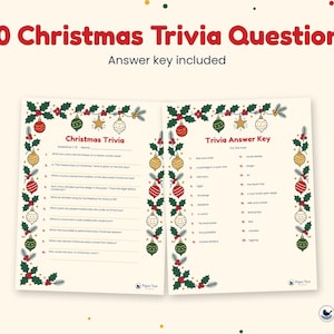 K&ouml;nnte beinhalten: Ein druckbares Set mit 20 Weihnachts-Trivia-Fragen und einem Antwortschl&uuml;ssel. Die Seiten sind mit roten, gr&uuml;nen und goldenen Weihnachtsschmuck-Ornamenten und Stechpalmenbl&auml;ttern verziert. Der Text enth&auml;lt 20 Christmas Trivia Questions.