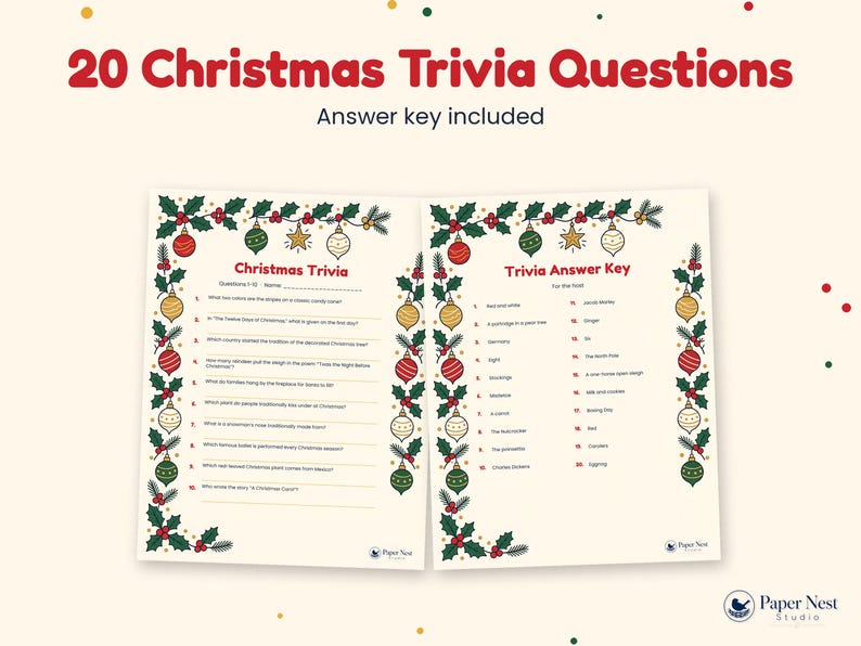K&ouml;nnte beinhalten: Ein druckbares Set mit 20 Weihnachts-Trivia-Fragen und einem Antwortschl&uuml;ssel. Die Seiten sind mit roten, gr&uuml;nen und goldenen Weihnachtsschmuck-Ornamenten und Stechpalmenbl&auml;ttern verziert. Der Text enth&auml;lt 20 Christmas Trivia Questions.