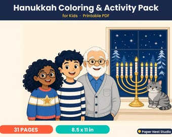 Kleurplaten en activiteitenpakket voor Hanukkah voor kinderen, printbare Hanukkah-activiteiten, Menora-dreidelspelletjes, woordzoeker, doolhof, direct te downloaden