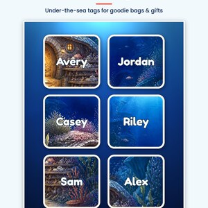 Peut inclure: Une feuille de six &eacute;tiquettes rectangulaires avec des illustrations sous-marines portant les noms Avery, Jordan, Casey, Riley, Sam et Alex. Le texte en haut indique 6 EDITABLE NAMES PER SHEET Favor Tags Under-the-sea tags for goodie bags & gifts.