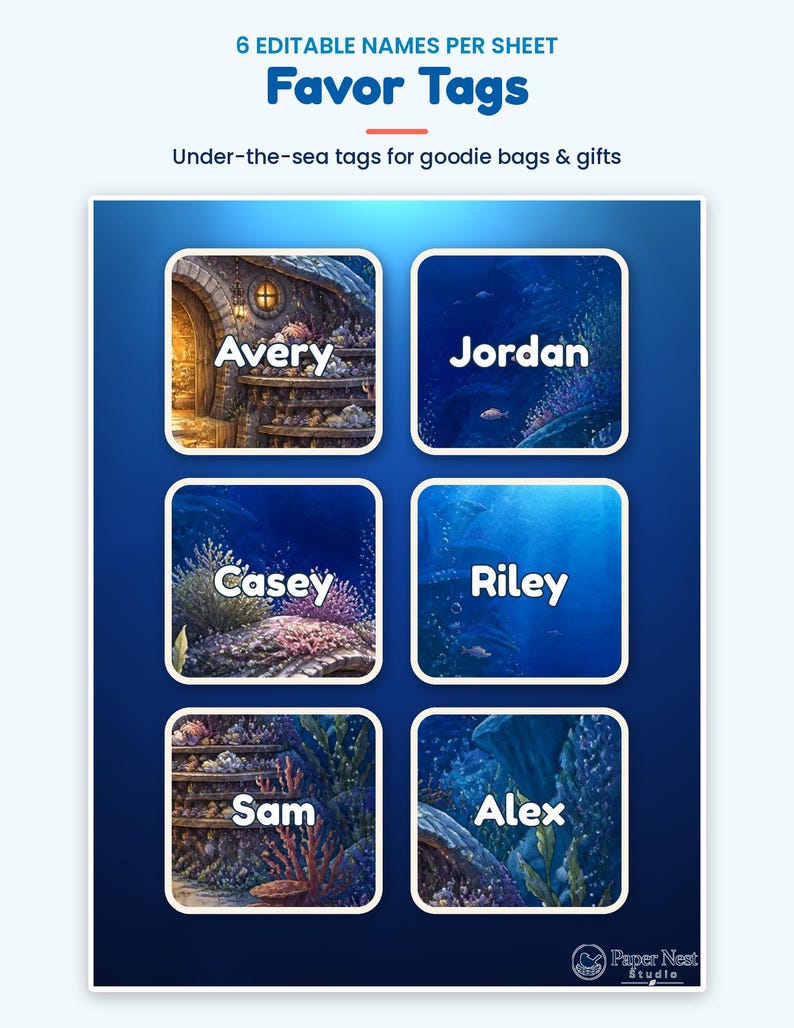 Peut inclure: Une feuille de six &eacute;tiquettes rectangulaires avec des illustrations sous-marines portant les noms Avery, Jordan, Casey, Riley, Sam et Alex. Le texte en haut indique 6 EDITABLE NAMES PER SHEET Favor Tags Under-the-sea tags for goodie bags & gifts.