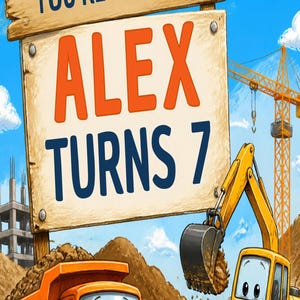 May include: A construction-themed invitation featuring a wooden sign with the text YOU'RE INVITED ALEX TURNS 7 in blue and orange. The scene includes a yellow excavator, an orange dump truck, a construction crane, and piles of dirt under a blue sky.