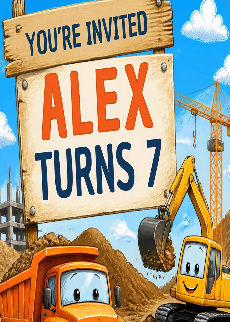 May include: A construction-themed invitation featuring a wooden sign with the text YOU'RE INVITED ALEX TURNS 7 in blue and orange. The scene includes a yellow excavator, an orange dump truck, a construction crane, and piles of dirt under a blue sky.
