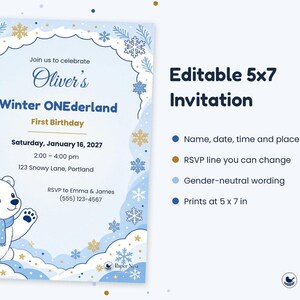 Może przedstawiać: Edytowalne zaproszenie o wymiarach 12,7 x 17,8 cm na pierwsze urodziny z motywem Winter ONEderland. Projekt przedstawia białego niedźwiedzia polarnego w niebieskim szaliku, niebieskie i złote płatki śniegu oraz tekst Oliver's Winter ONEderland.