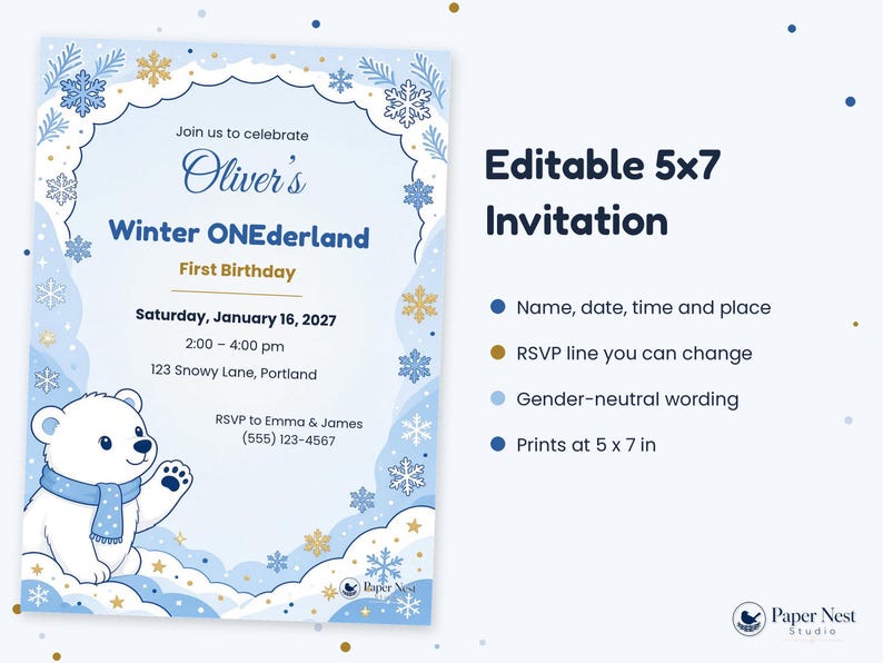 Może przedstawiać: Edytowalne zaproszenie o wymiarach 12,7 x 17,8 cm na pierwsze urodziny z motywem Winter ONEderland. Projekt przedstawia białego niedźwiedzia polarnego w niebieskim szaliku, niebieskie i złote płatki śniegu oraz tekst Oliver's Winter ONEderland.