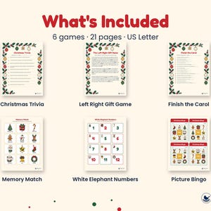 K&ouml;nnte beinhalten: Ein Set aus 6 druckbaren Weihnachtsspielen auf 21 Seiten, bestehend aus Christmas Trivia, Left Right Gift Game, Finish the Carol, Memory Match, White Elephant Numbers und Picture Bingo, alle mit festlichen Weihnachtsbord&uuml;ren.