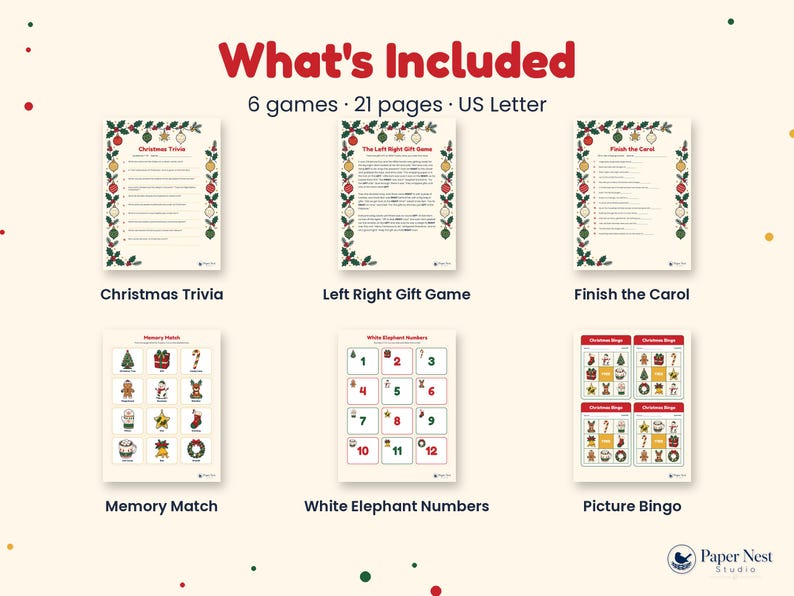 K&ouml;nnte beinhalten: Ein Set aus 6 druckbaren Weihnachtsspielen auf 21 Seiten, bestehend aus Christmas Trivia, Left Right Gift Game, Finish the Carol, Memory Match, White Elephant Numbers und Picture Bingo, alle mit festlichen Weihnachtsbord&uuml;ren.