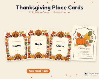 Printbare naamkaartjes voor Thanksgiving | Bewerkbare naamkaartjes met kalkoenmotief voor de kindertafel + bedankkaartje | Canva-sjabloon voor herfsttafeldecoratie