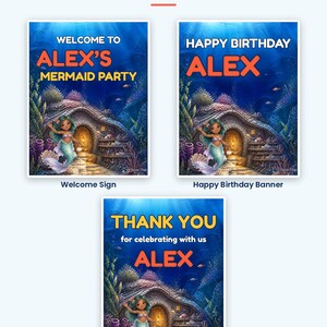 Peut inclure: Trois panneaux de f&ecirc;te rectangulaires illustrant une sc&egrave;ne sous-marine avec une sir&egrave;ne pr&egrave;s d'une demeure en pierre. Les panneaux affichent le texte : Welcome to Alex's Mermaid Party, Happy Birthday Alex, et Thank You for celebrating with us Alex.