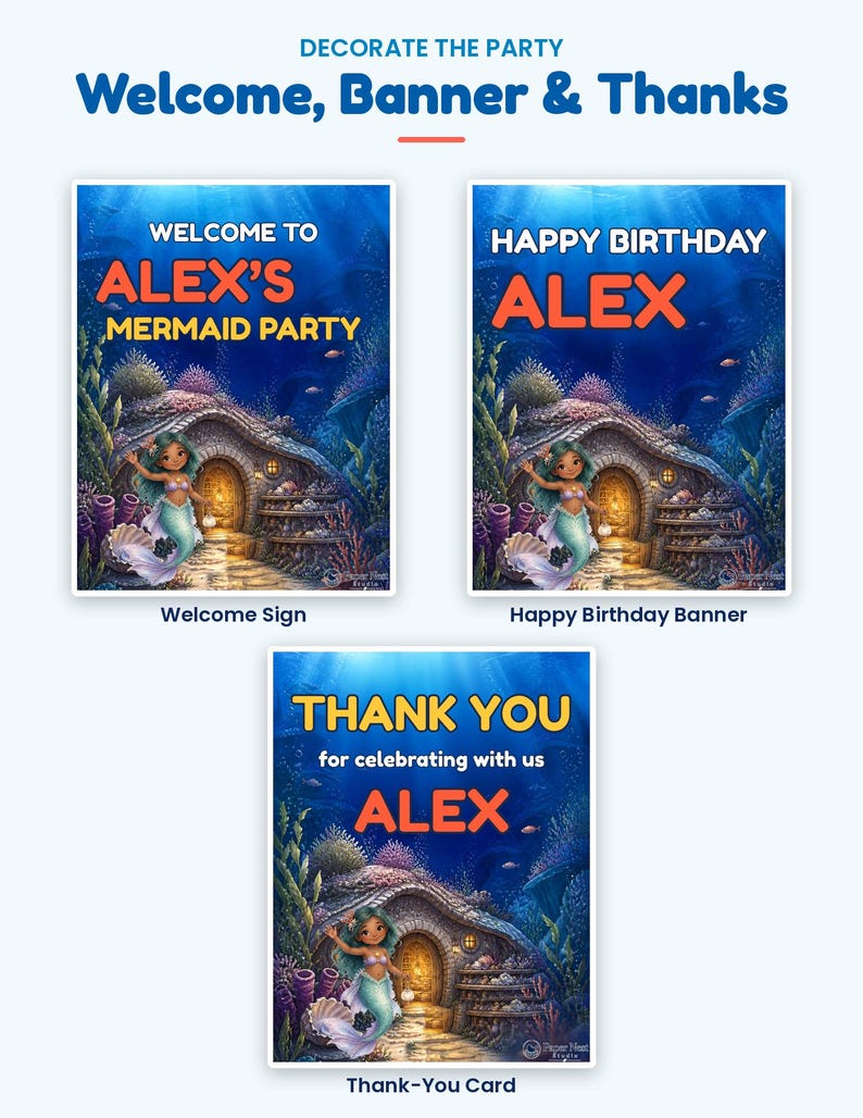 Peut inclure: Trois panneaux de f&ecirc;te rectangulaires illustrant une sc&egrave;ne sous-marine avec une sir&egrave;ne pr&egrave;s d'une demeure en pierre. Les panneaux affichent le texte : Welcome to Alex's Mermaid Party, Happy Birthday Alex, et Thank You for celebrating with us Alex.