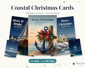 Printbare kerstkaart met kustthema | Bewerkbare nautische kerstkaarten en cadeaulabels, vuurtoren, zeilboot, anker | Canva-sjabloon voor watersporters