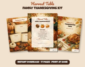 Printbare Thanksgiving-set, rustieke oogsttafeldecoratie, menu, naamkaartjes, quiz, gesprekskaartjes voor aan tafel, taartjury, bingo
