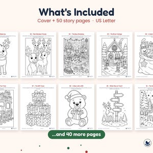K&ouml;nnte beinhalten: Ein digitales Malbuch-Set mit dem Titel What's Included, bestehend aus einem Cover und 50 Story-Seiten im US-Letter-Format. Die Seiten zeigen schwarz-wei&szlig;e Strichzeichnungen von Rentieren, Elfen, Spielzeug, Geschenken und Winterw&auml;ldern.