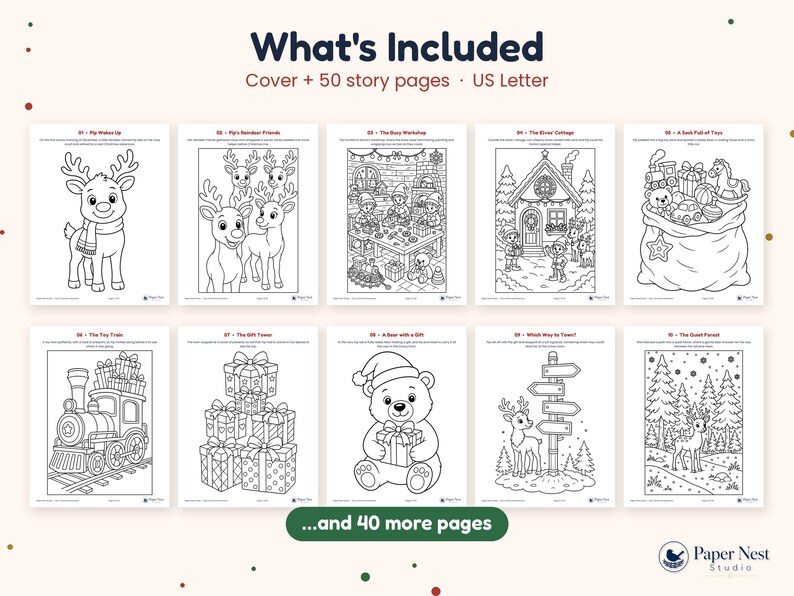 K&ouml;nnte beinhalten: Ein digitales Malbuch-Set mit dem Titel What's Included, bestehend aus einem Cover und 50 Story-Seiten im US-Letter-Format. Die Seiten zeigen schwarz-wei&szlig;e Strichzeichnungen von Rentieren, Elfen, Spielzeug, Geschenken und Winterw&auml;ldern.