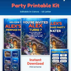 Peut inclure: Un kit imprimable pour f&ecirc;te d'anniversaire sur le th&egrave;me de la sir&egrave;ne et de l'oc&eacute;an, comprenant des mod&egrave;les modifiables pour invitations, &eacute;tiquettes et panneaux. Les designs montrent une sc&egrave;ne sous-marine bleue avec une sir&egrave;ne et une maison en pierre.