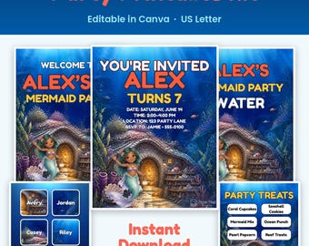May include: A mermaid ocean birthday party printable kit featuring editable templates for invitations, labels, and signs. The designs display a deep blue underwater scene with a mermaid, a stone cottage, and text including Mermaid Ocean Birthday Party Printable Kit.