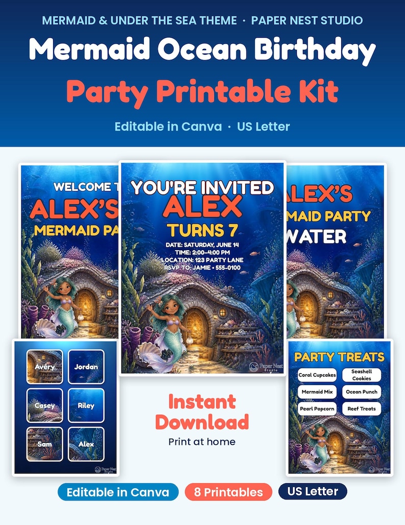 Peut inclure: Un kit imprimable pour f&ecirc;te d'anniversaire sur le th&egrave;me de la sir&egrave;ne et de l'oc&eacute;an, comprenant des mod&egrave;les modifiables pour invitations, &eacute;tiquettes et panneaux. Les designs montrent une sc&egrave;ne sous-marine bleue avec une sir&egrave;ne et une maison en pierre.