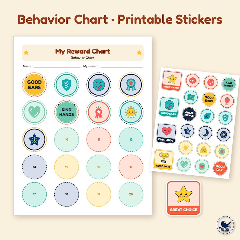 Behavior Chart Printable Stickers, Kids Reward Stickers Sheet, Digital ...