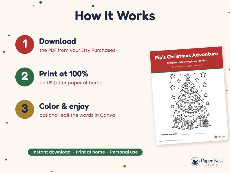 K&ouml;nnte beinhalten: Eine Anleitungsgrafik mit dem Titel How It Works und drei nummerierten Schritten: PDF herunterladen, zu 100% auf A4-Papier ausdrucken und ausmalen. Rechts ist das Cover eines Malbuchs mit dem Titel Pip's Christmas Adventure.