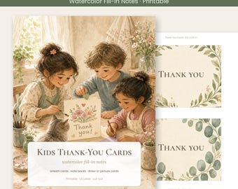 Tarjetas de agradecimiento infantiles imprimibles, notas de agradecimiento con acuarela para completar, tarjeta para dibujar, agradecimiento de cumpleaños y Navidad, PDF instantáneo
