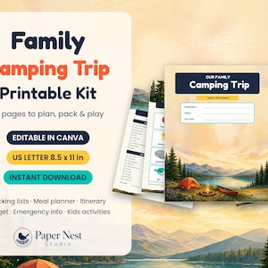 Könnte beinhalten: Ein 14-seitiges, ausdruckbares Set für Familien-Campingausflüge im Format 21,59 x 27,94 cm. Es enthält Packlisten, Essenspläne, Reisepläne, Budgets und Aktivitäten für Kinder. Das Deckblatt zeigt einen See, Berge und ein Zelt.