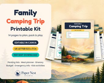 Printbare planner voor een gezinskampeertrip | Checklist voor kamperen, maaltijdplanner, speurtocht voor kinderen | Bewerkbare Canva-sjabloon (US Letter-formaat)