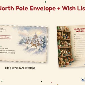 Puede incluir: Un conjunto de sobre del Polo Norte y lista de deseos. El sobre presenta una escena invernal en acuarela con un reno y el texto Special Delivery. La lista de deseos incluye una ilustraci&oacute;n de un estante de madera lleno de juguetes y el texto My Christmas Wish List. El conjunto cabe en un sobre de 12,7x17,8 cm.