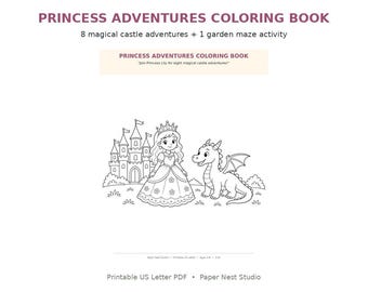 Könnte beinhalten: Ein Princess Adventures Malbuch mit dem Text 'PRINCESS ADVENTURES COLORING BOOK' und '8 magical castle adventures + 1 garden maze activity'. Die Strichzeichnung zeigt eine Prinzessin mit Krone und Kleid neben einem Schloss und einem kleinen Drachen.