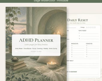 Planificador diario imprimible para TDAH, acuarela verde salvia, reinicio diario, bloqueo de tiempo, temporizador de concentración, lluvia de ideas, revisión semanal, PDF instantáneo