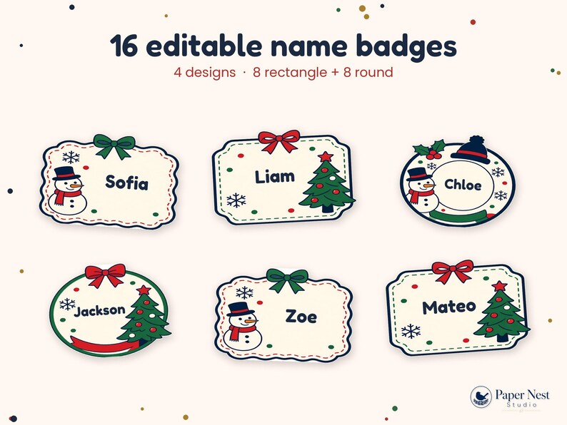 May include: A set of 16 editable name badges featuring 4 designs, including 8 rectangular and 8 round options. The badges display Christmas-themed illustrations like snowmen, Christmas trees, bows, and snowflakes with names Sofia, Liam, Chloe, Jackson, Zoe, and Mateo.
