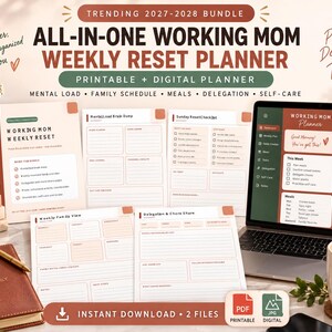 Bundel met wekelijkse planners voor werkende moeders voor 2027-2028, printbaar + digitaal (PDF + HTML)