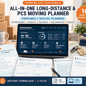 May include: A digital and printable long-distance and PCS moving planner bundle featuring 16 worksheets. The set includes a laptop displaying a moving dashboard, printed planning sheets, a mug, and a wooden keychain labelled Home Awaits.
