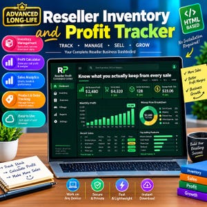 May include: A laptop displaying a Reseller Inventory and Profit Tracker dashboard with green and black interface elements, charts, and financial data. The screen shows text including Reseller Profit Command Center, net business profit, and recent sales. Surrounding the laptop are a notepad with handwritten notes, a pen, and a stack of colorful books labeled inventory, sales, profit, and growth.