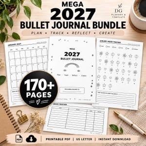 May include: A 2027 bullet journal bundle featuring printable pages including a January calendar, a mood tracker, and a book tracker. The set includes a cover page with a rainbow graphic and text stating 170+ pages, printable PDF, and instant download.