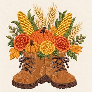 May include: An embroidery design featuring a pair of tan work boots filled with a harvest arrangement of orange pumpkins, yellow corn cobs, golden wheat stalks, orange and yellow marigold flowers, and green leaves on a cream background.