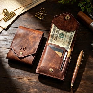 May include: Two brown leather wallets with a distressed finish and brass snap closures. One wallet is closed and features the embossed initials JB, while the other is open, revealing a paper currency compartment, card slots, and a pen holder.
