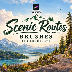 Könnte beinhalten: Ein digitales Pinselset für Procreate mit dem Titel Scenic Routes Brushes for Procreate, das eine zentrale Landschaftsillustration mit einer kurvenreichen Straße, einem See und Bergen zeigt, flankiert von zehn schwarz-weißen Pinsel-Symbolen.