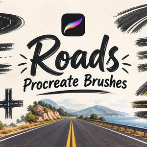 May include: A digital collection of road-themed Procreate brushes featuring various black asphalt textures, lane markings, intersections, and curved paths, displayed alongside the text Roads Procreate Brushes and a colorful icon.
