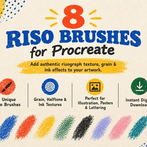 Może przedstawiać: Cyfrowa oferta produktu zawierająca 8 pędzli Riso do programu Procreate. Grafika zawiera tekst 8 Riso Brushes for Procreate, ikony pędzli, tekstur, obraz&oacute;w i pobierania, a także kolorowe abstrakcyjne kształty oraz pr&oacute;bki kolor&oacute;w.
