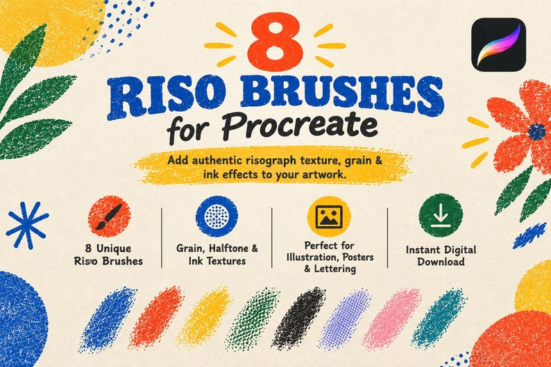 Może przedstawiać: Cyfrowa oferta produktu zawierająca 8 pędzli Riso do programu Procreate. Grafika zawiera tekst 8 Riso Brushes for Procreate, ikony pędzli, tekstur, obraz&oacute;w i pobierania, a także kolorowe abstrakcyjne kształty oraz pr&oacute;bki kolor&oacute;w.
