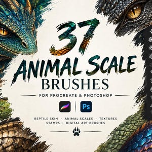 May include: A digital art asset set titled 37 ANIMAL SCALE BRUSHES FOR PROCREATE & PHOTOSHOP. The graphic features detailed illustrations of dragon and reptile scales in blue, green, and brown, alongside a black panel showing white scale brush strokes.