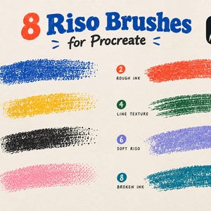 Może przedstawiać: Cyfrowa grafika przedstawiająca 8 Riso Brushes for Procreate, zawierająca osiem r&oacute;żnych teksturowanych pociągnięć pędzla w kolorach niebieskim, pomarańczowym, ż&oacute;łtym, zielonym, czarnym, fioletowym, r&oacute;żowym i turkusowym, ponumerowanych i nazwanych.
